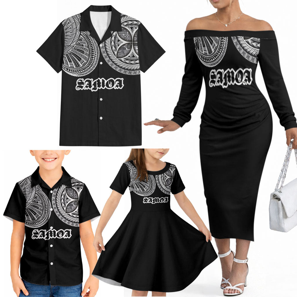 Samoa Traditional Tattoo Family Matching Off The Shoulder Long Sleeve Dress and Hawaiian Shirt Tribal Tatau Pattern LT03 - Polynesian Pride