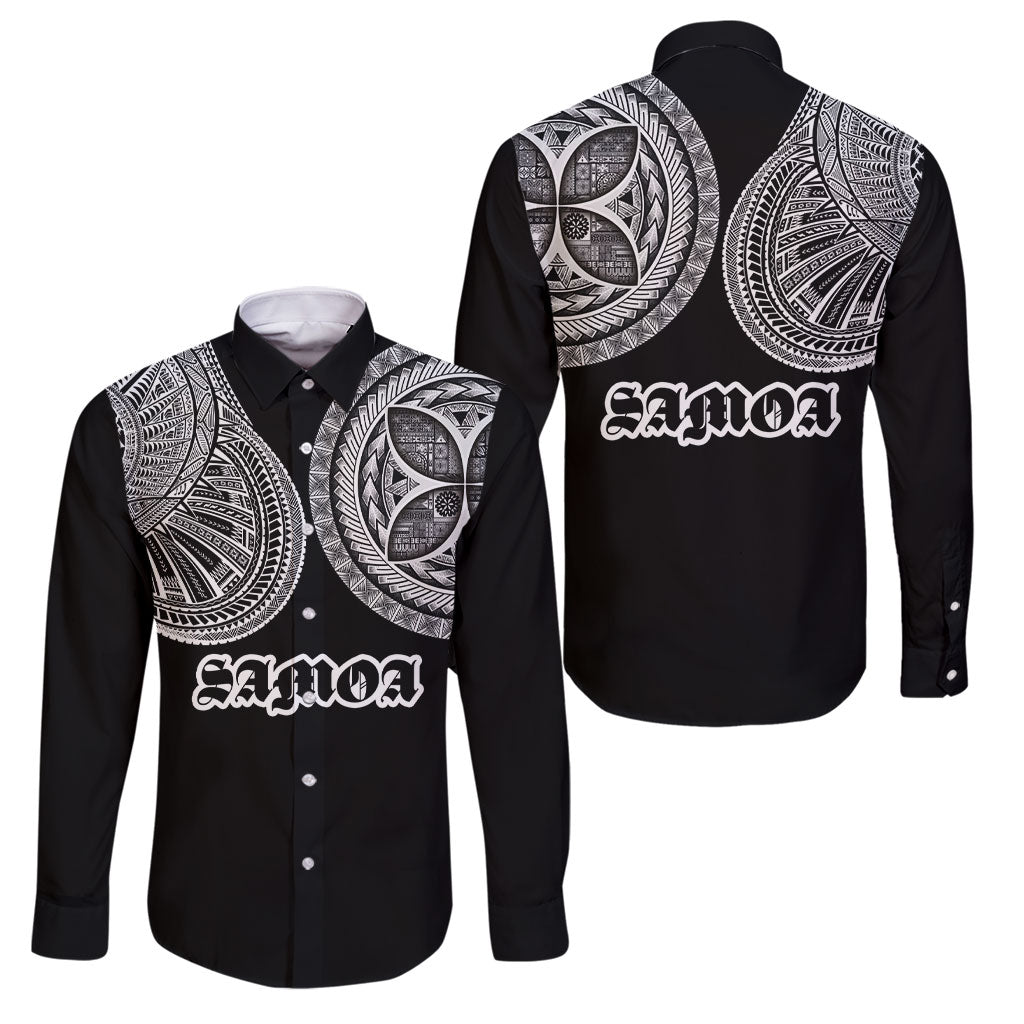 Samoa Traditional Tattoo Family Matching Off The Shoulder Long Sleeve Dress and Hawaiian Shirt Tribal Tatau Pattern LT03 Dad's Shirt - Long Sleeve Black - Polynesian Pride