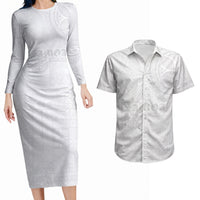Samoa Lotu Tamaiti Couples Matching Long Sleeve Bodycon Dress and Hawaiian Shirt Tribal Tatau with Siapo Pattern LT03 White - Polynesian Pride