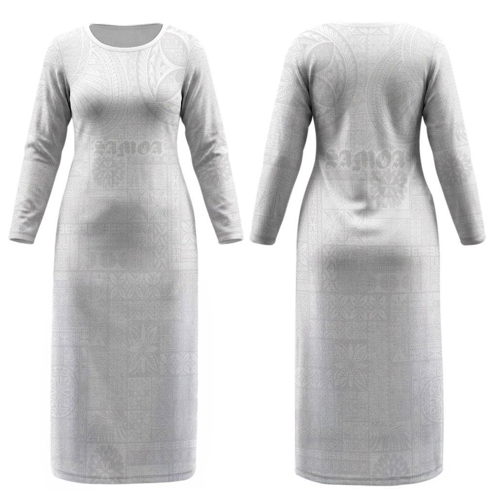 Samoa Lotu Tamaiti Couples Matching Long Sleeve Bodycon Dress and Long Sleeve Button Shirt Tribal Tatau with Siapo Pattern LT03 - Polynesian Pride