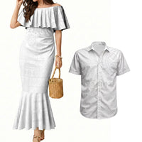 Samoa Lotu Tamaiti Couples Matching Mermaid Dress and Hawaiian Shirt Tribal Tatau with Siapo Pattern LT03 White - Polynesian Pride