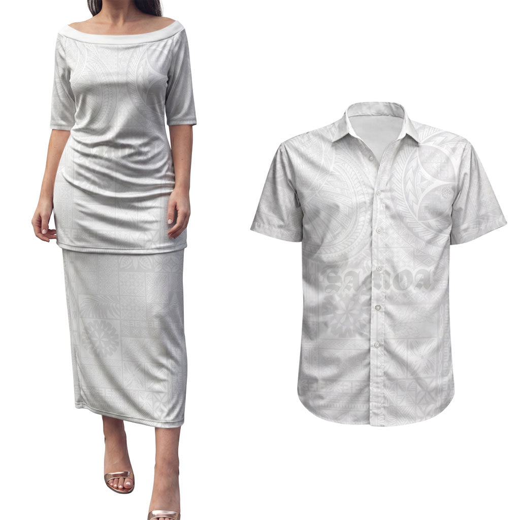 Samoa Lotu Tamaiti Couples Matching Puletasi and Hawaiian Shirt Tribal Tatau with Siapo Pattern LT03 White - Polynesian Pride