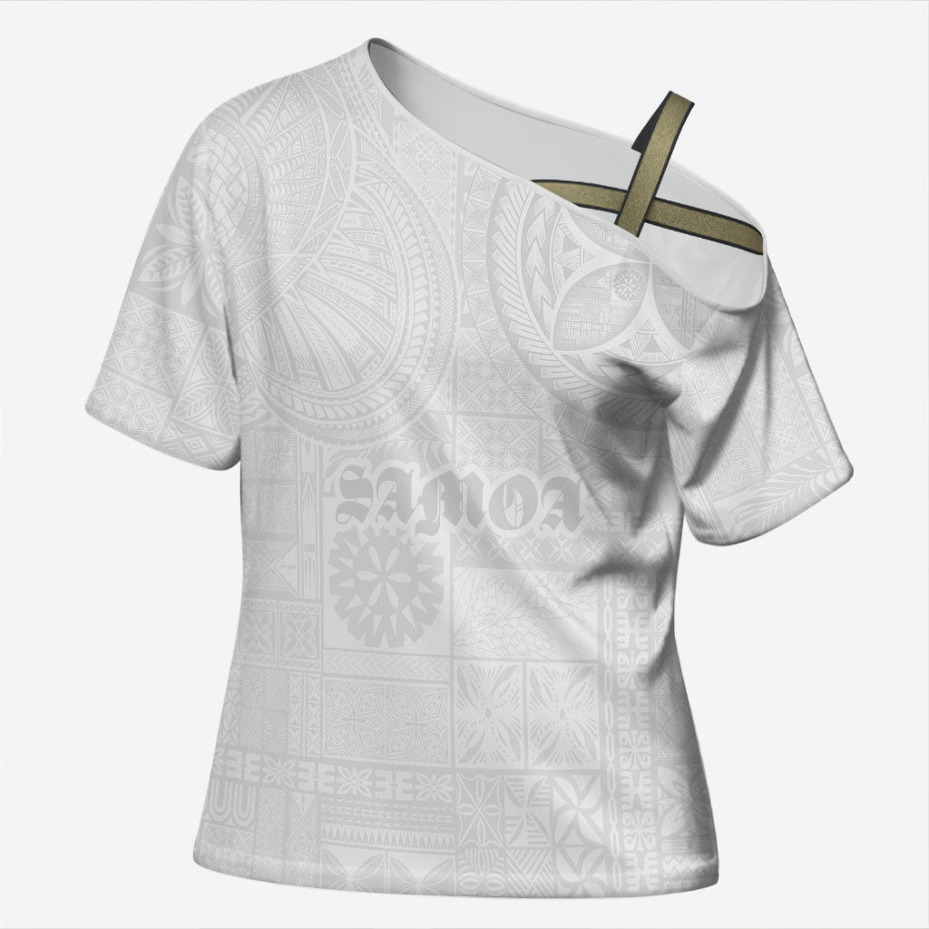 Samoa Lotu Tamaiti Cross Shoulder Shirt Tribal Tatau with Siapo Pattern LT03 Female White - Polynesian Pride
