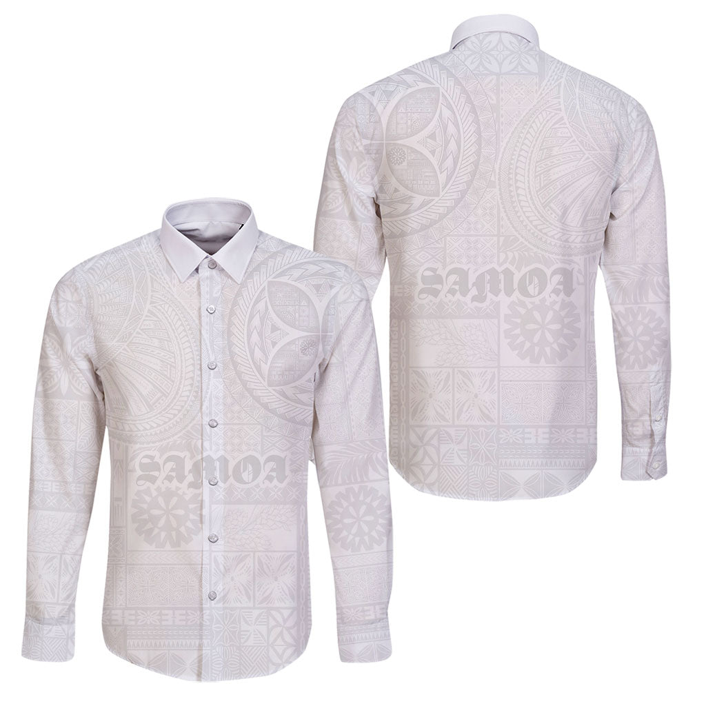 Samoa Lotu Tamaiti Family Matching Mermaid Dress and Hawaiian Shirt Tribal Tatau with Siapo Pattern LT03 Dad's Shirt - Long Sleeve White - Polynesian Pride