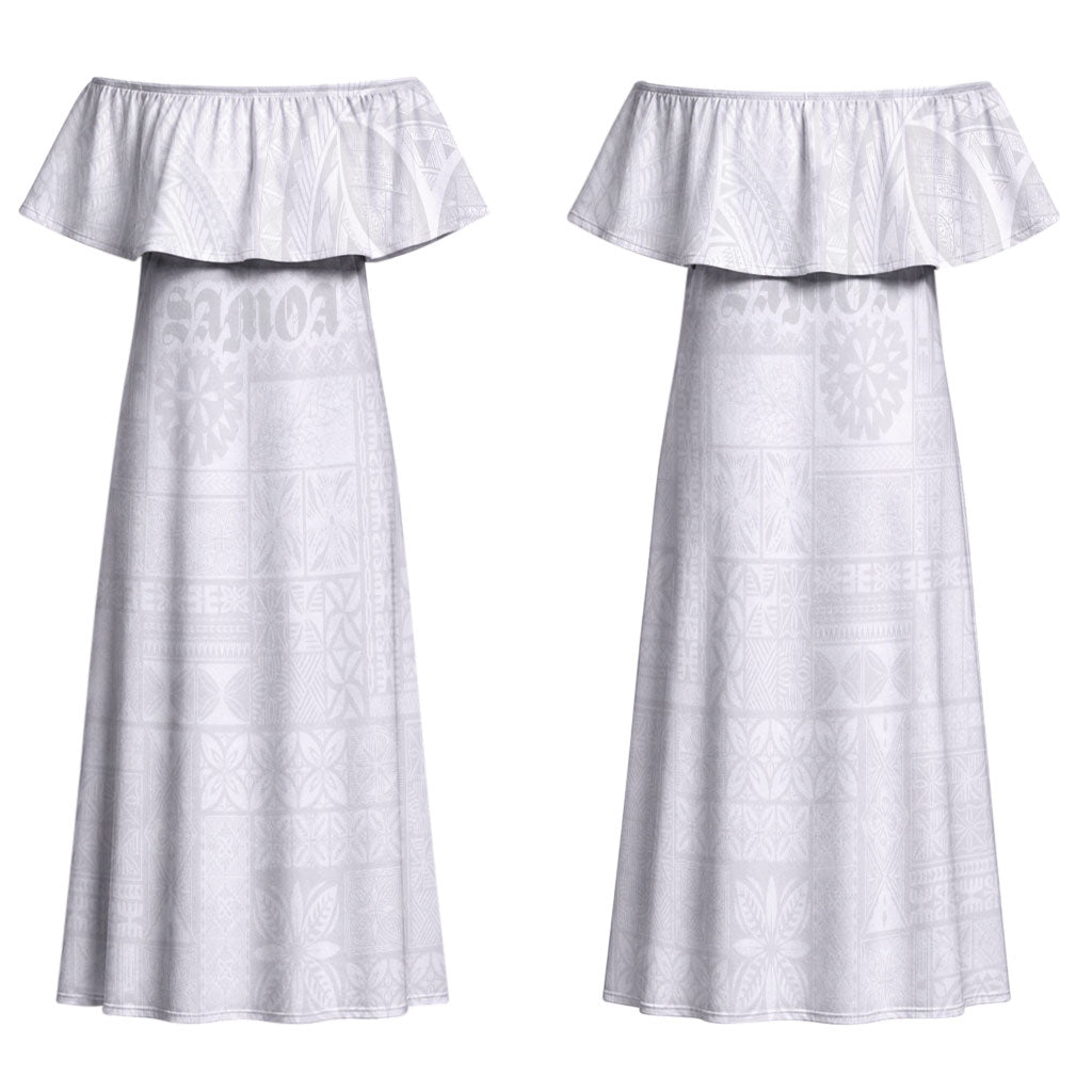 Samoa Lotu Tamaiti Family Matching Off Shoulder Maxi Dress and Hawaiian Shirt Tribal Tatau with Siapo Pattern LT03 Mom's Dress White - Polynesian Pride