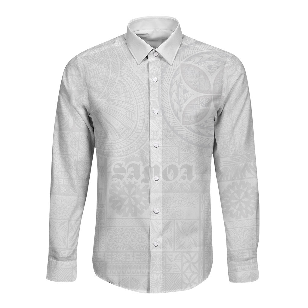 Samoa Lotu Tamaiti Long Sleeve Button Shirt Tribal Tatau with Siapo Pattern LT03 Unisex White - Polynesian Pride