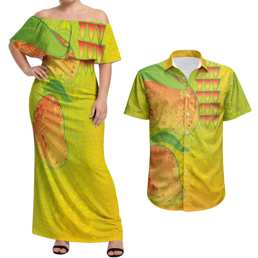 Hawaiian Mango Couples Matching Off Shoulder Maxi Dress and Hawaiian Shirt Polynesian Art Pattern and Kakau Tattoo LT03 Yellow - Polynesian Pride