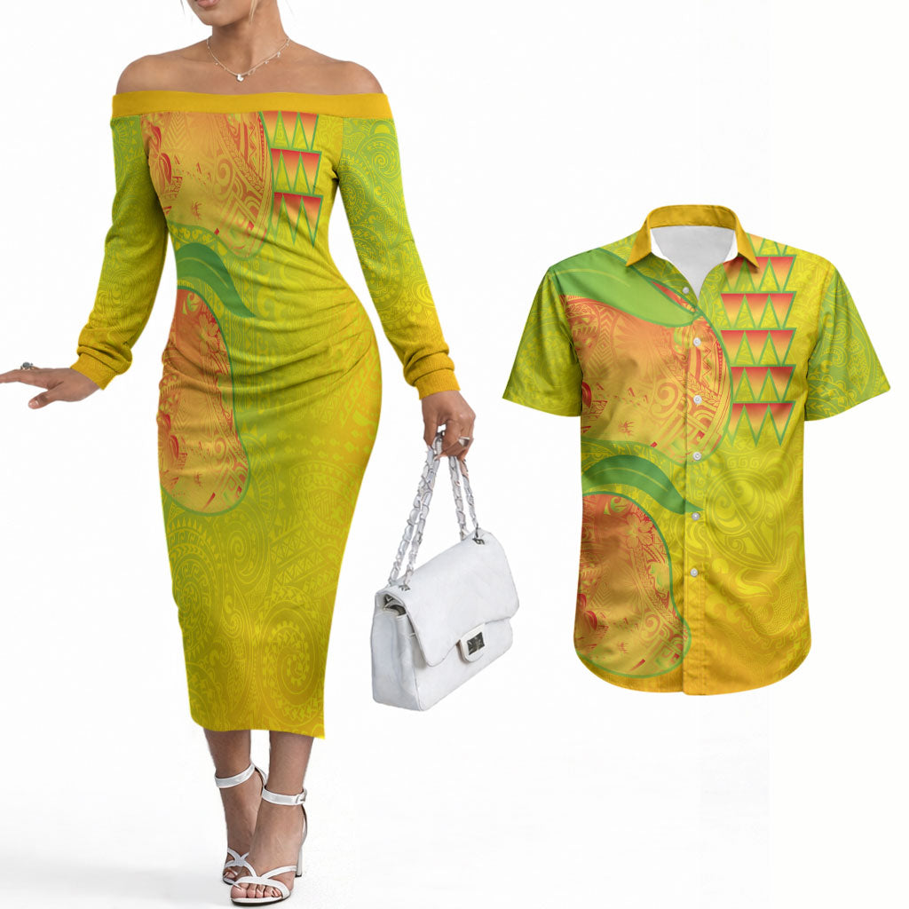 Hawaiian Mango Couples Matching Off The Shoulder Long Sleeve Dress and Hawaiian Shirt Polynesian Art Pattern and Kakau Tattoo LT03 Yellow - Polynesian Pride
