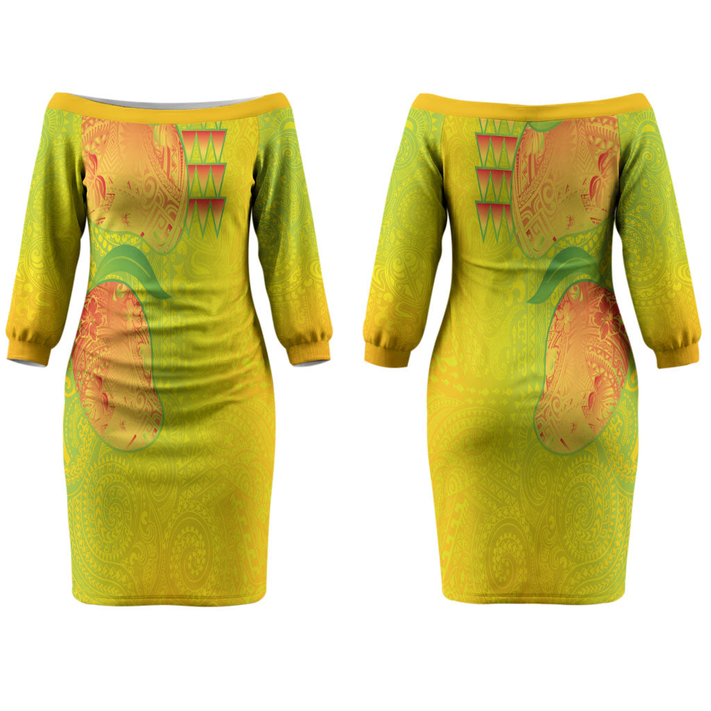 Hawaiian Mango Couples Matching Off The Shoulder Long Sleeve Dress and Hawaiian Shirt Polynesian Art Pattern and Kakau Tattoo LT03 - Polynesian Pride