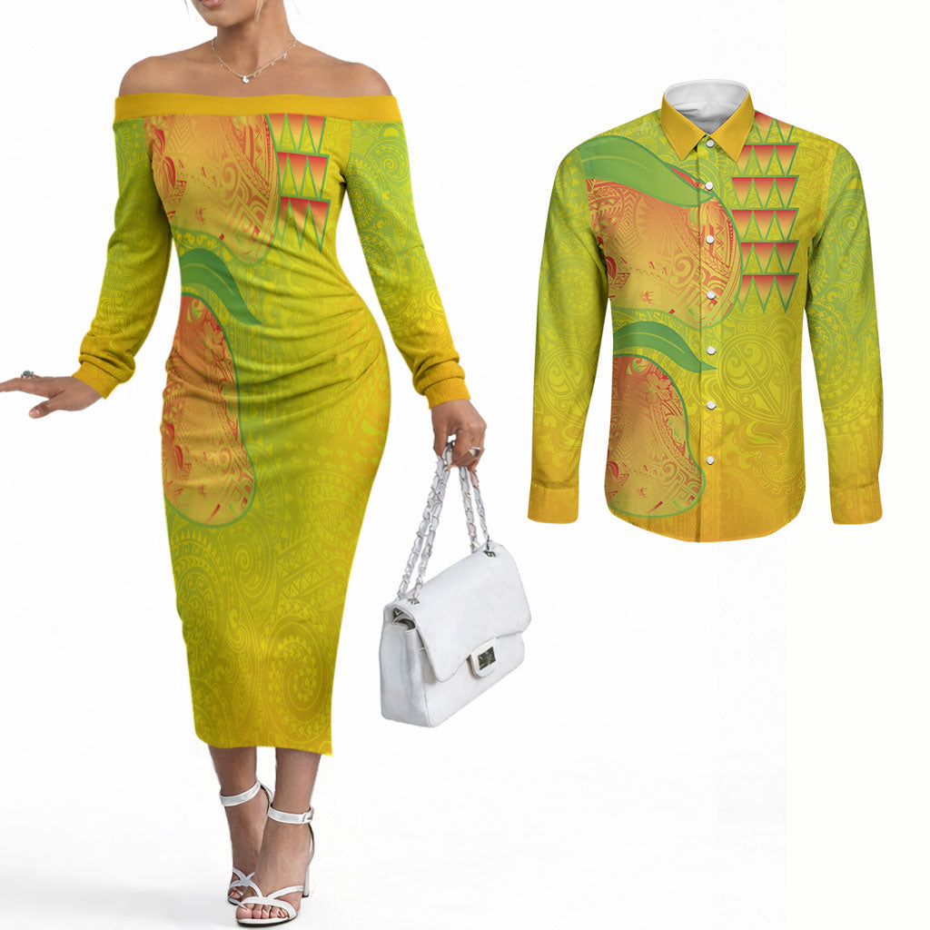 Hawaiian Mango Couples Matching Off The Shoulder Long Sleeve Dress and Long Sleeve Button Shirt Polynesian Art Pattern and Kakau Tattoo LT03 Yellow - Polynesian Pride