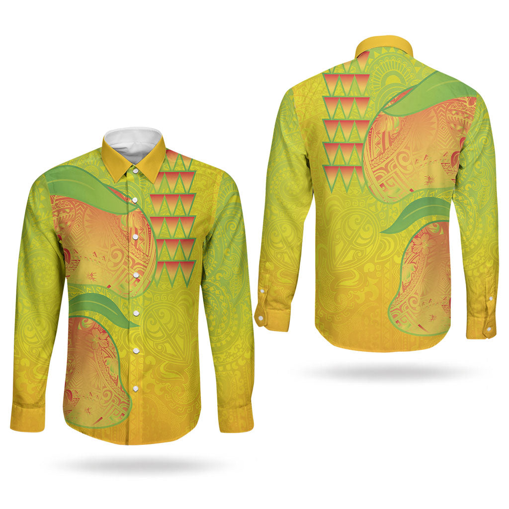 Hawaiian Mango Couples Matching Off The Shoulder Long Sleeve Dress and Long Sleeve Button Shirt Polynesian Art Pattern and Kakau Tattoo LT03 - Polynesian Pride