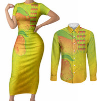 Hawaiian Mango Couples Matching Short Sleeve Bodycon Dress and Long Sleeve Button Shirt Polynesian Art Pattern and Kakau Tattoo LT03 Yellow - Polynesian Pride