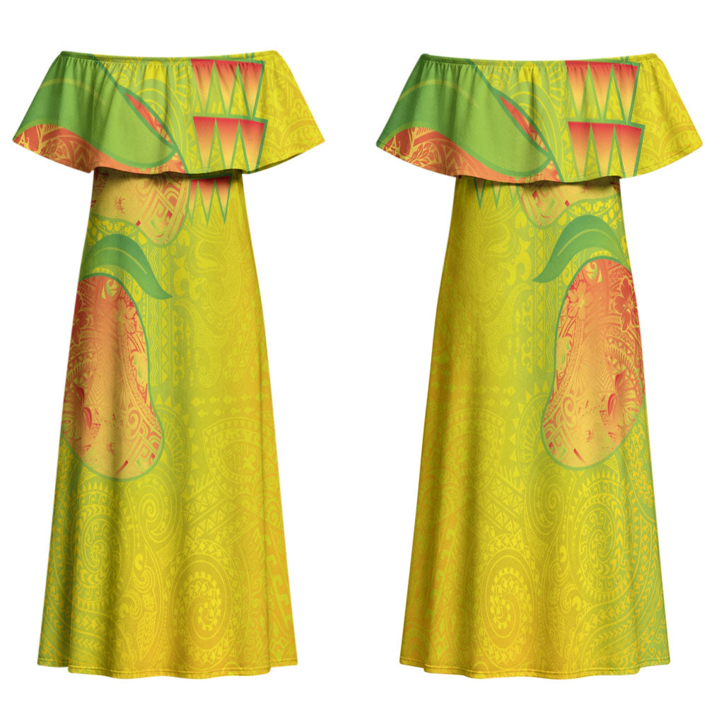 Hawaiian Mango Family Matching Off Shoulder Maxi Dress and Hawaiian Shirt Polynesian Art Pattern and Kakau Tattoo LT03 Mom's Dress Yellow - Polynesian Pride