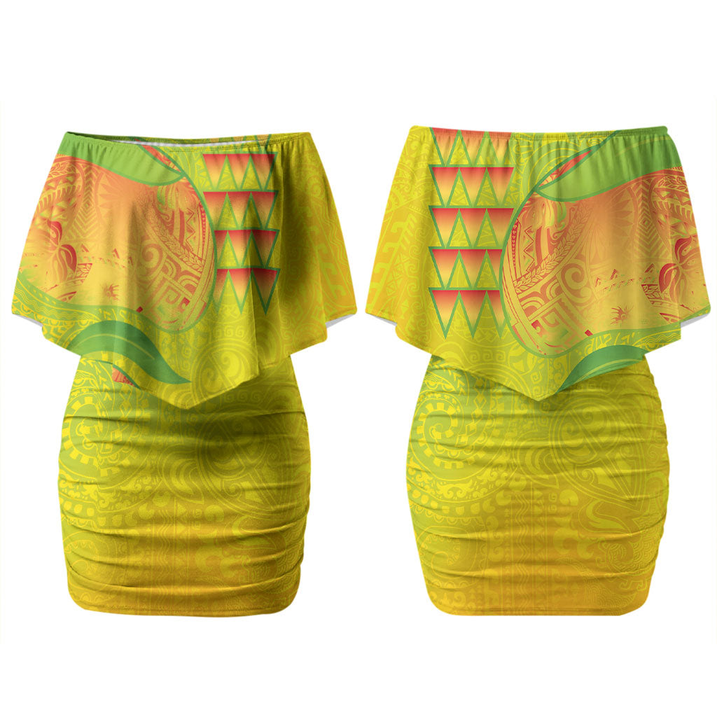 Hawaiian Mango Family Matching Off Shoulder Short Dress and Hawaiian Shirt Polynesian Art Pattern and Kakau Tattoo LT03 Mom's Dress Yellow - Polynesian Pride