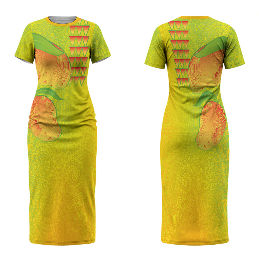 Hawaiian Mango Family Matching Short Sleeve Bodycon Dress and Hawaiian Shirt Polynesian Art Pattern and Kakau Tattoo LT03 Mom's Dress Yellow - Polynesian Pride