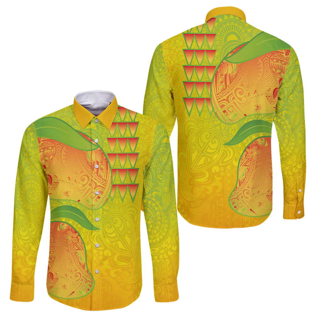 Hawaiian Mango Family Matching Summer Maxi Dress and Hawaiian Shirt Polynesian Art Pattern and Kakau Tattoo LT03 Dad's Shirt - Long Sleeve Yellow - Polynesian Pride