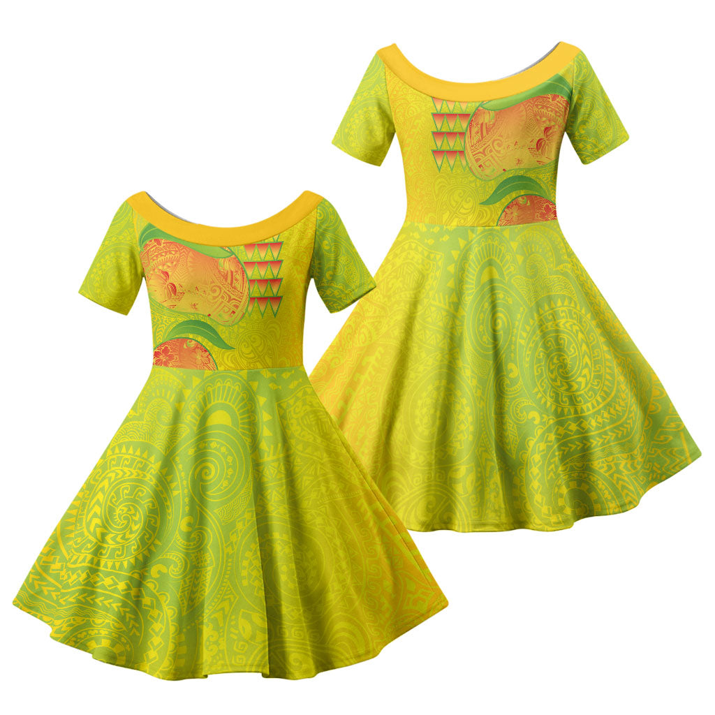 Hawaiian Mango Family Matching Tank Maxi Dress and Hawaiian Shirt Polynesian Art Pattern and Kakau Tattoo LT03 Daughter's Dress Yellow - Polynesian Pride