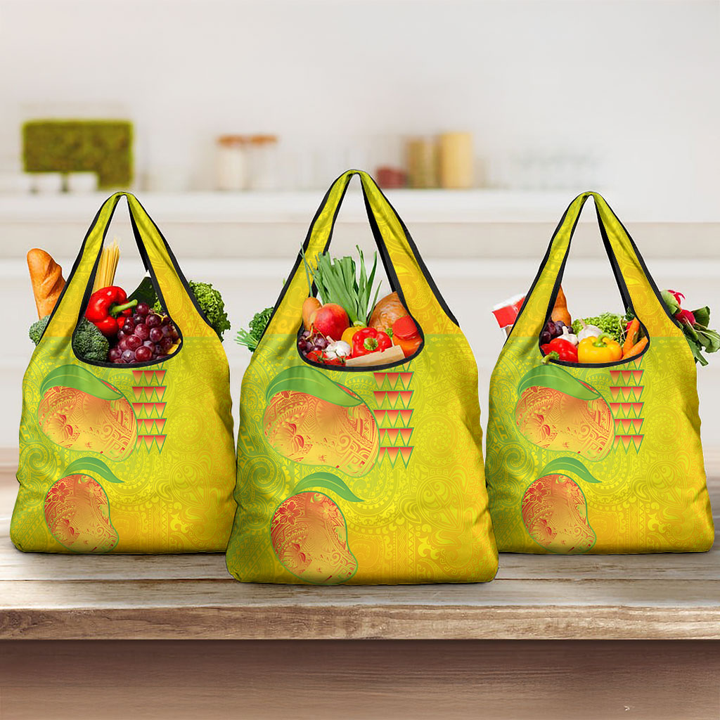 Hawaiian Mango Grocery Bag Polynesian Art Pattern and Kakau Tattoo LT03 3-pack One Size Yellow - Polynesian Pride