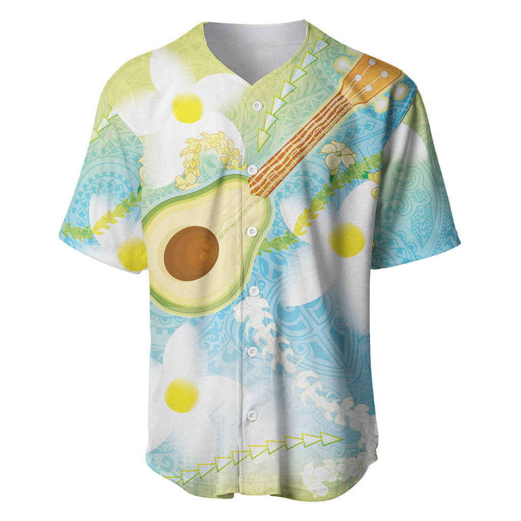 Hawaiian Ukulele Avocado Baseball Jersey Leis and Polynesian Pattern LT03 White - Polynesian Pride