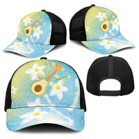 Hawaiian Ukulele Avocado Baseball Net Cap Leis and Polynesian Pattern