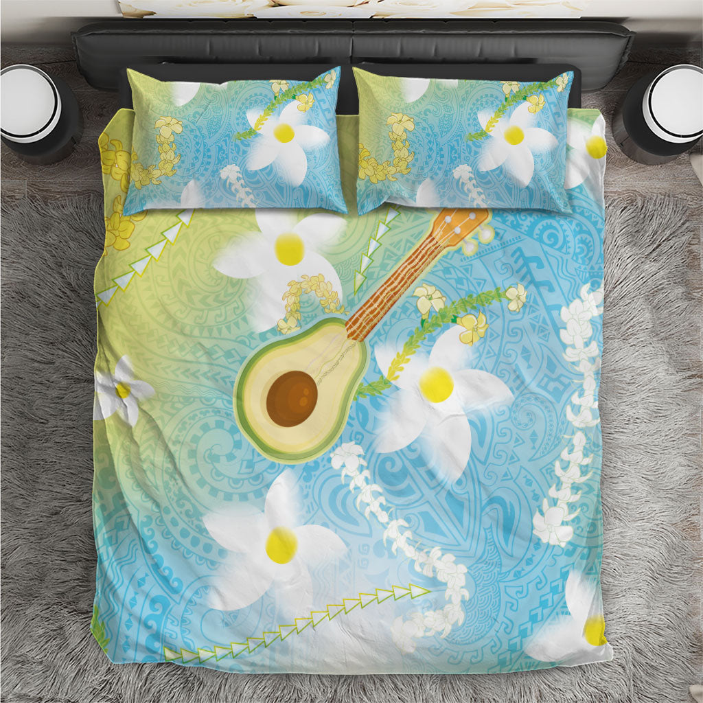 Hawaiian Ukulele Avocado Bedding Set Leis and Polynesian Pattern LT03 White - Polynesian Pride