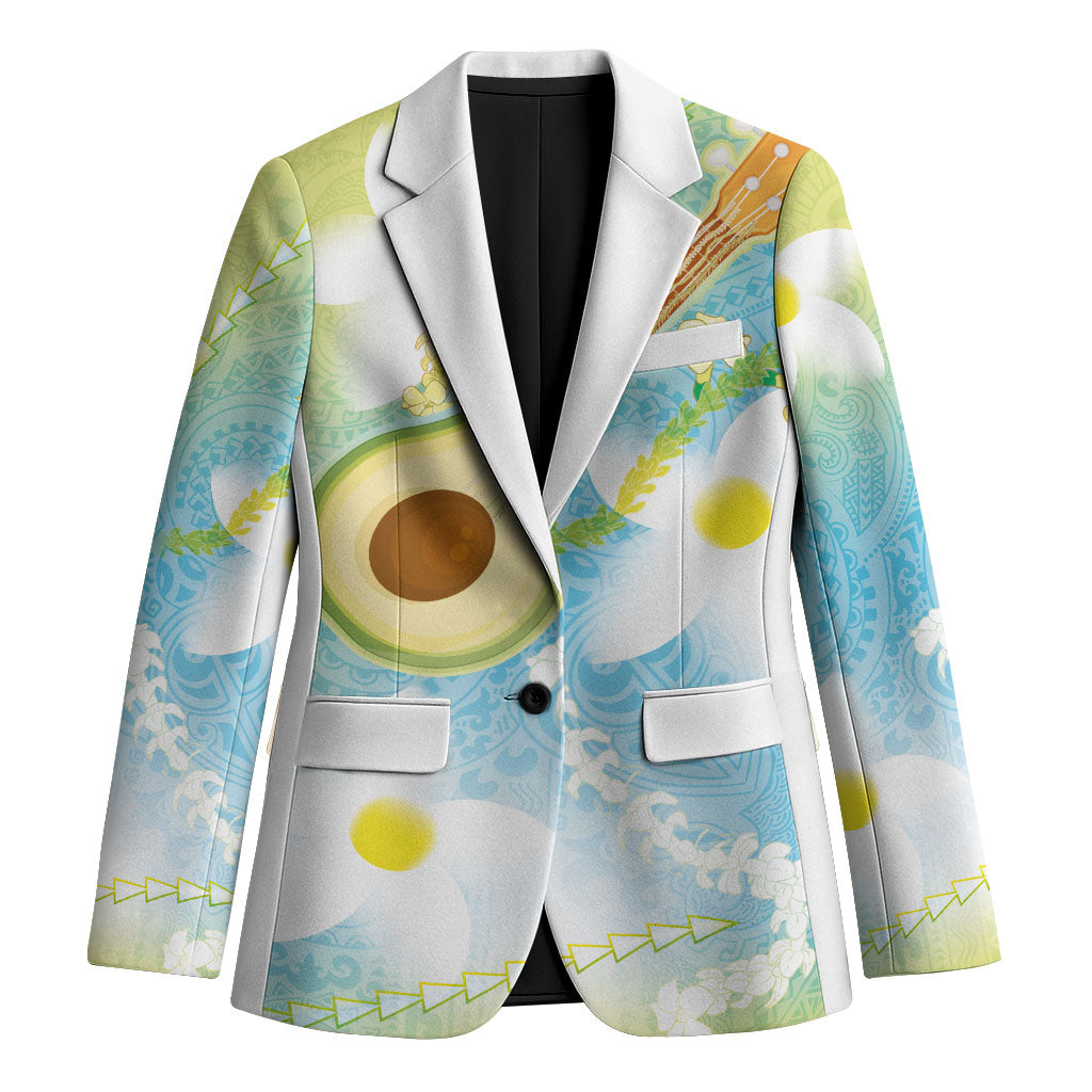 Hawaiian Ukulele Avocado Blazer Leis and Polynesian Pattern