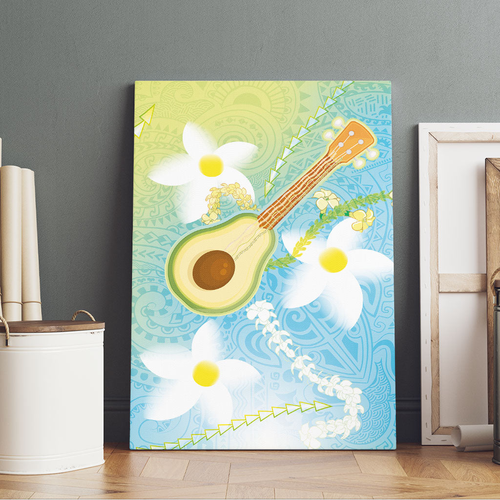 Hawaiian Ukulele Avocado Canvas Wall Art Leis and Polynesian Pattern