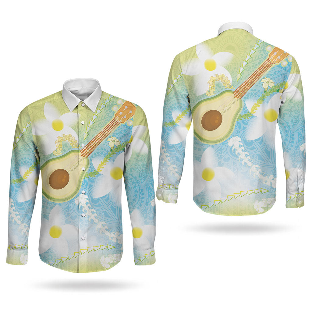 Hawaiian Ukulele Avocado Couples Matching Long Sleeve Bodycon Dress and Long Sleeve Button Shirt Leis and Polynesian Pattern LT03 - Polynesian Pride