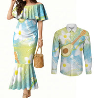 Hawaiian Ukulele Avocado Couples Matching Mermaid Dress and Long Sleeve Button Shirt Leis and Polynesian Pattern LT03 White - Polynesian Pride