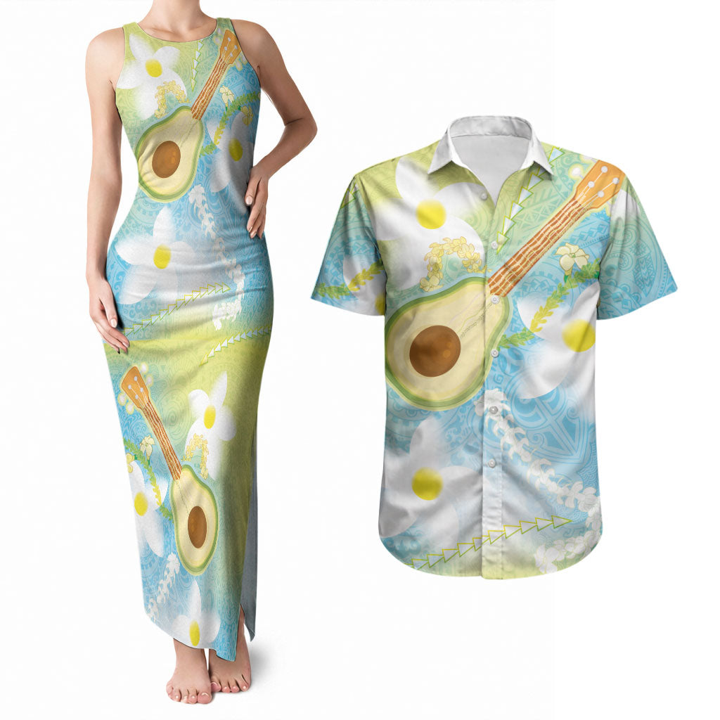 Hawaiian Ukulele Avocado Couples Matching Tank Maxi Dress and Hawaiian Shirt Leis and Polynesian Pattern LT03 White - Polynesian Pride