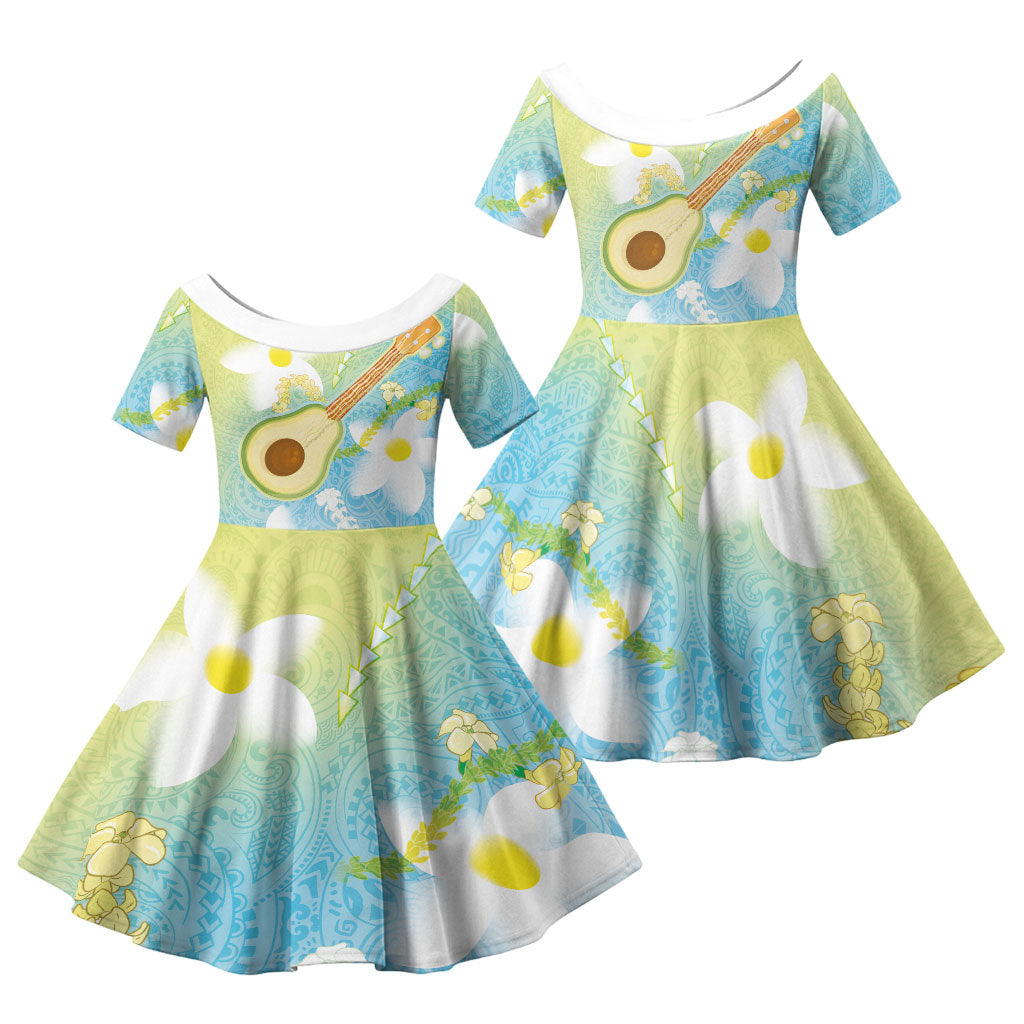 Hawaiian Ukulele Avocado Family Matching Long Sleeve Bodycon Dress and Hawaiian Shirt Leis and Polynesian Pattern LT03 Daughter's Dress White - Polynesian Pride