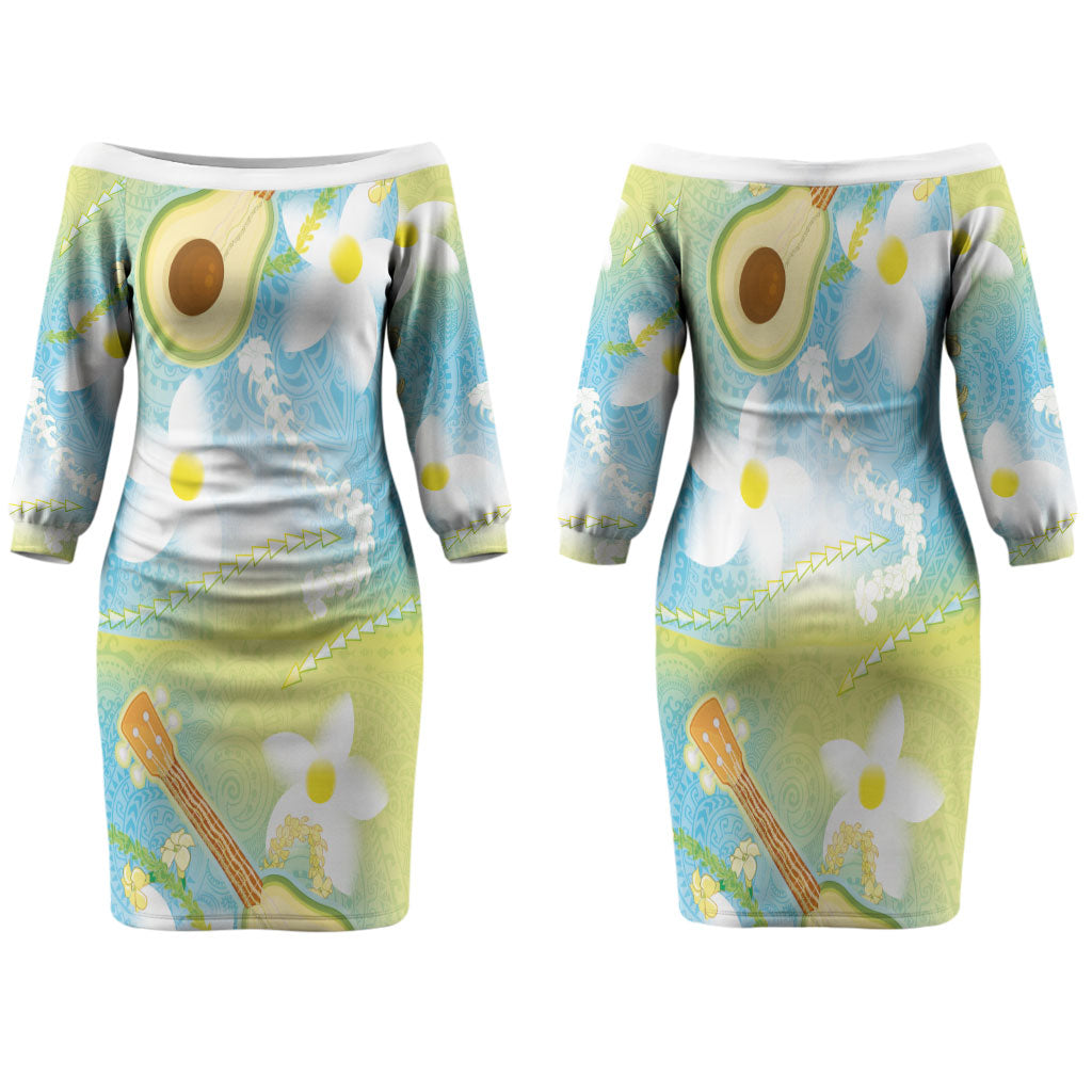 Hawaiian Ukulele Avocado Family Matching Off The Shoulder Long Sleeve Dress and Hawaiian Shirt Leis and Polynesian Pattern LT03 Mom's Dress White - Polynesian Pride