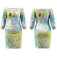 Hawaiian Ukulele Avocado Family Matching Off The Shoulder Long Sleeve Dress and Hawaiian Shirt Leis and Polynesian Pattern LT03 Mom's Dress White - Polynesian Pride