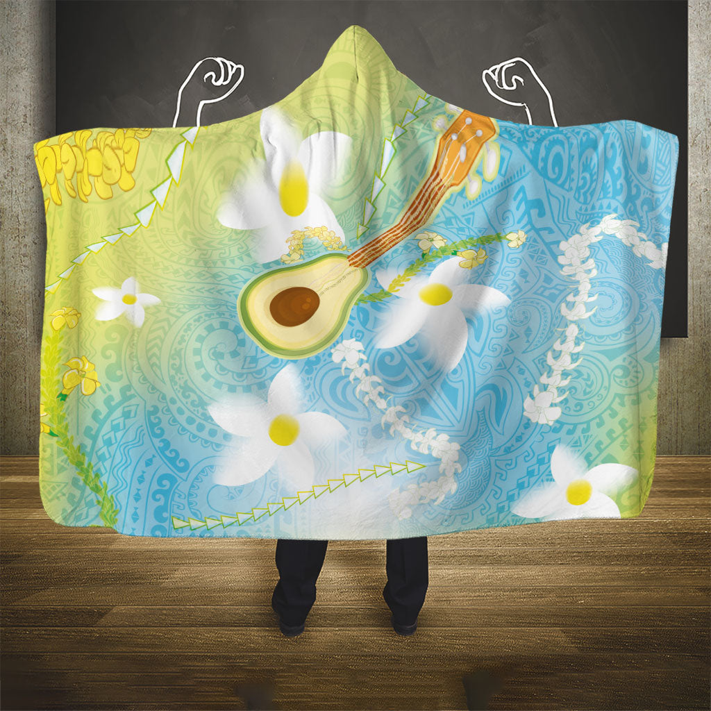 Hawaiian Ukulele Avocado Hooded Blanket Leis and Polynesian Pattern