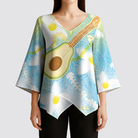 Hawaiian Ukulele Avocado Kimono Sleeve Blouse Leis and Polynesian Pattern