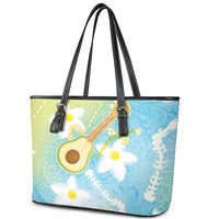 Hawaiian Ukulele Avocado Leather Tote Bag Leis and Polynesian Pattern