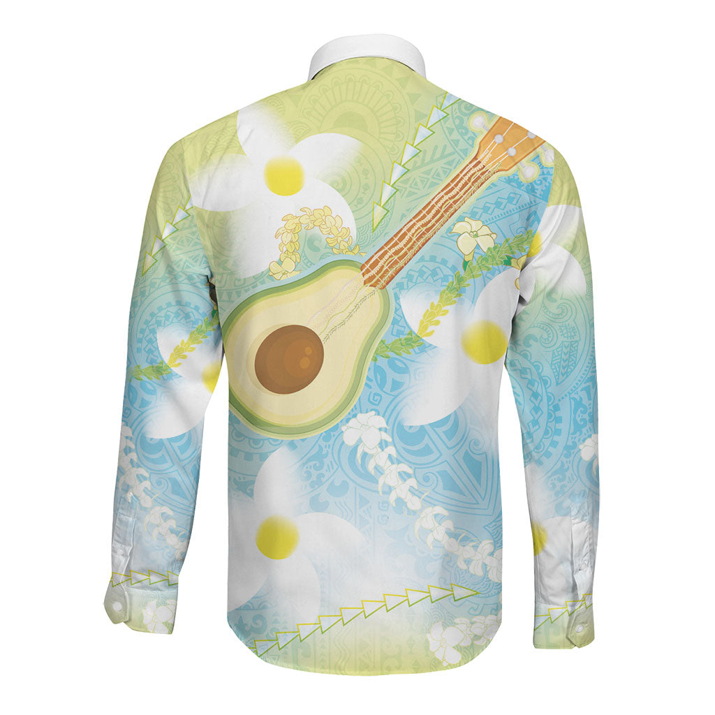 Hawaiian Ukulele Avocado Long Sleeve Button Shirt Leis and Polynesian Pattern LT03 - Polynesian Pride