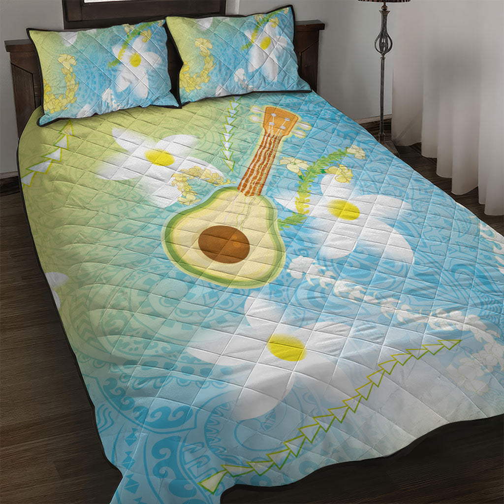 Hawaiian Ukulele Avocado Quilt Bed Set Leis and Polynesian Pattern