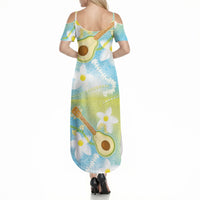 Hawaiian Ukulele Avocado Summer Maxi Dress Leis and Polynesian Pattern