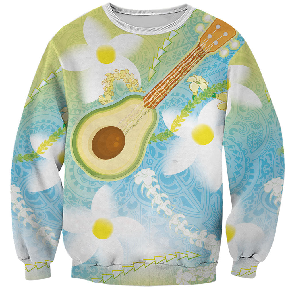 Hawaiian Ukulele Avocado Sweatshirt Leis and Polynesian Pattern LT03 Unisex White - Polynesian Pride