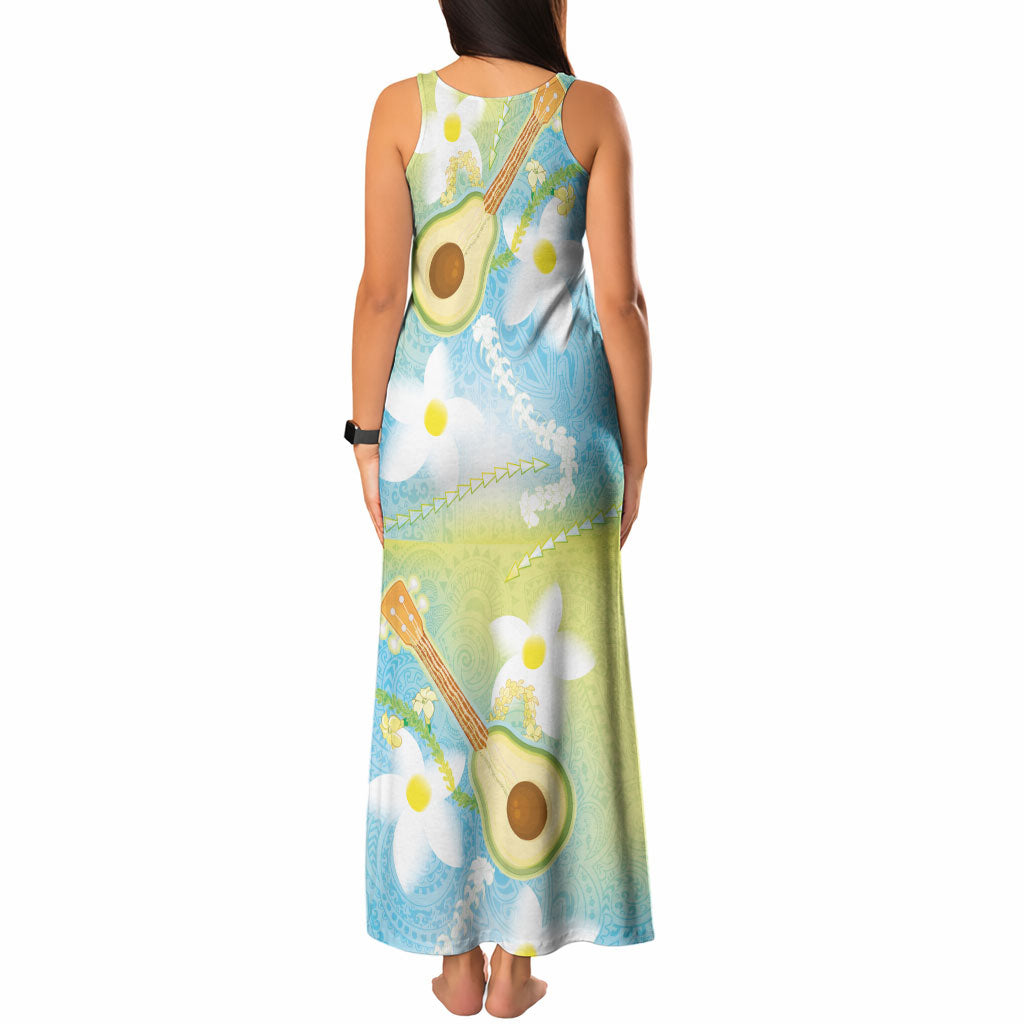 Hawaiian Ukulele Avocado Tank Maxi Dress Leis and Polynesian Pattern