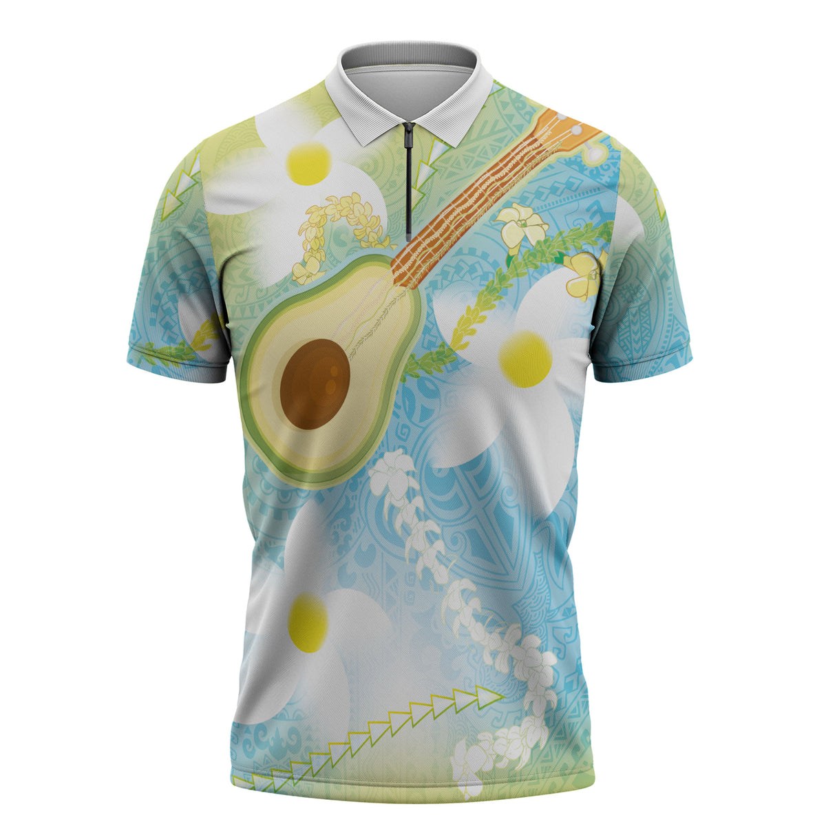 Hawaiian Ukulele Avocado Zipper Polo Shirt Leis and Polynesian Pattern