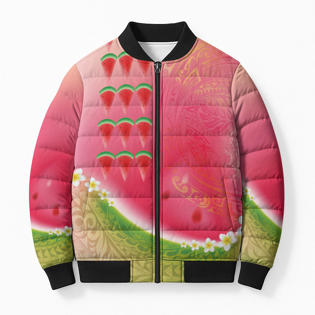 Hawaiian Watermelon Bomber Puffer Jacket with Kakau Art Tattoo LT03 Unisex Multicolor - Polynesian Pride