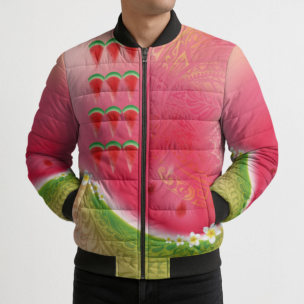 Hawaiian Watermelon Bomber Puffer Jacket with Kakau Art Tattoo LT03 - Polynesian Pride