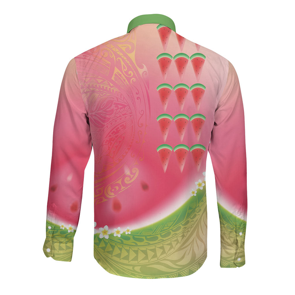 Hawaiian Watermelon Long Sleeve Button Shirt with Kakau Art Tattoo LT03 - Polynesian Pride
