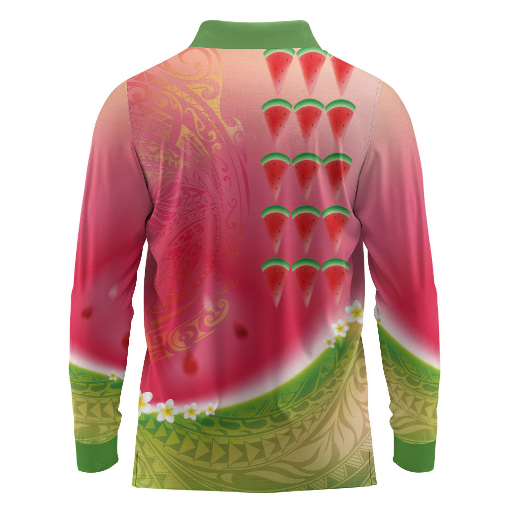 Hawaiian Watermelon Long Sleeve Polo Shirt with Kakau Art Tattoo
