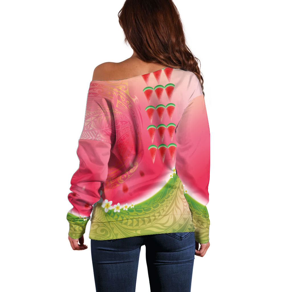 Hawaiian Watermelon Off Shoulder Sweater with Kakau Art Tattoo LT03 - Polynesian Pride