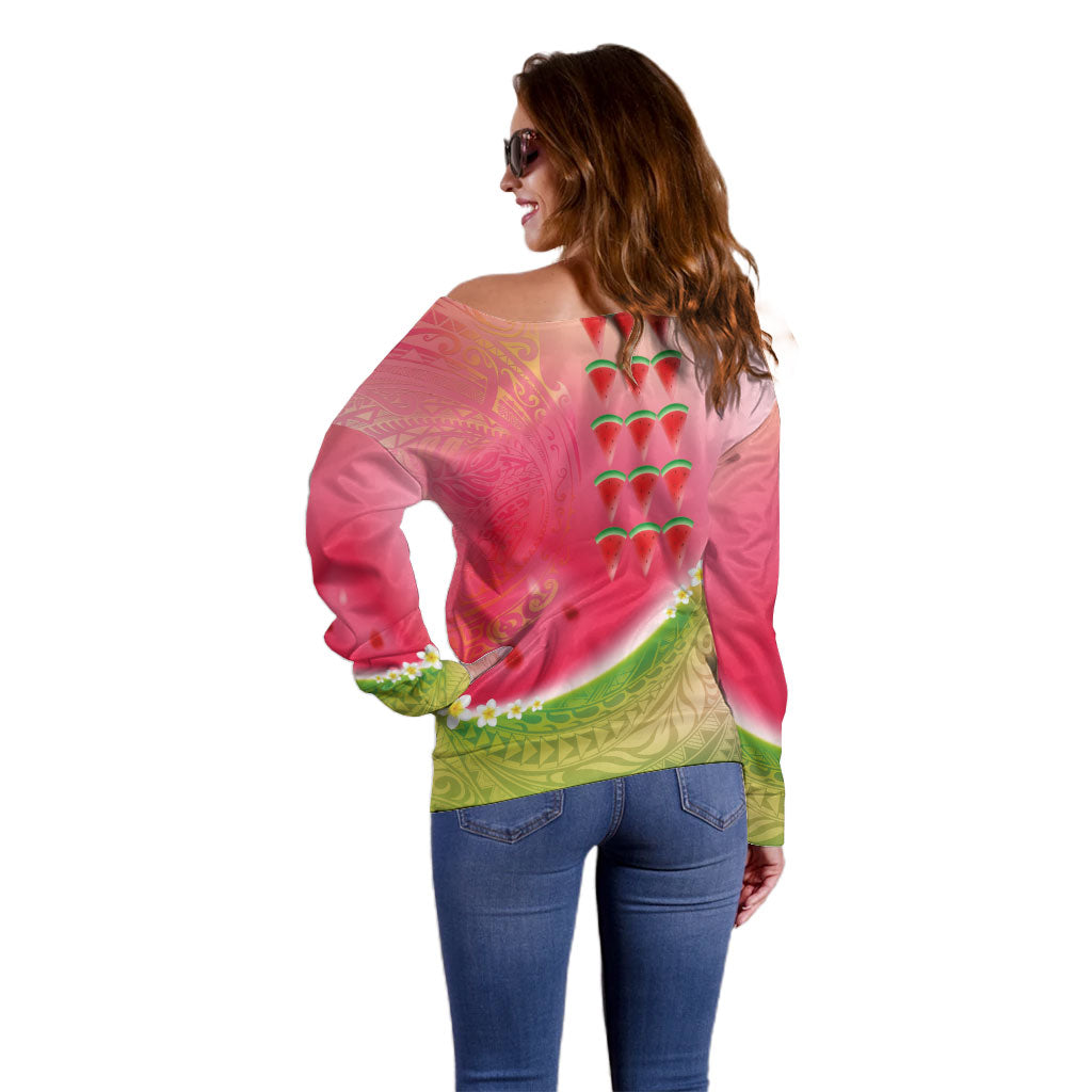Hawaiian Watermelon Off Shoulder Sweater with Kakau Art Tattoo LT03 - Polynesian Pride