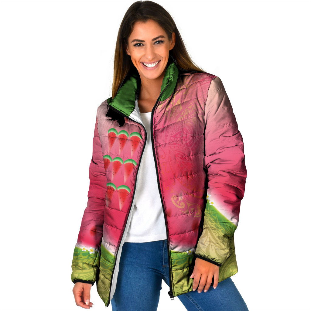 Hawaiian Watermelon Padded Jacket with Kakau Art Tattoo LT03 Women Multicolor - Polynesian Pride