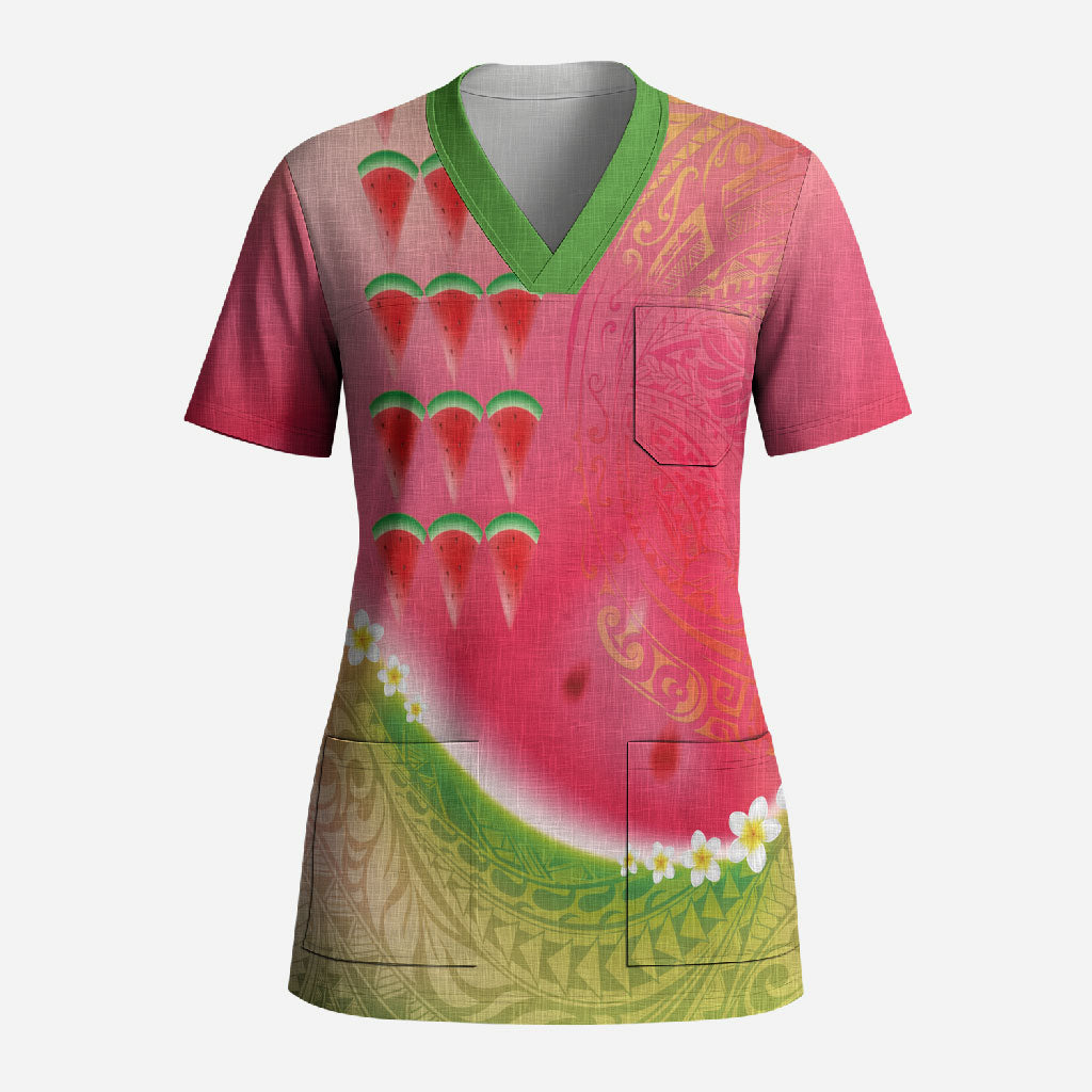 Hawaiian Watermelon Scrub Top with Kakau Art Tattoo LT03 Adult Multicolor - Polynesian Pride